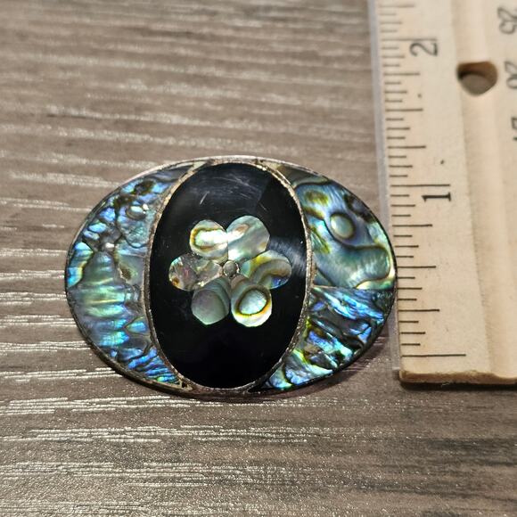 Vintage Alpaca Silver & Abalone Oval Flower Brooch Pin & Pendant - Picture 4 of 6